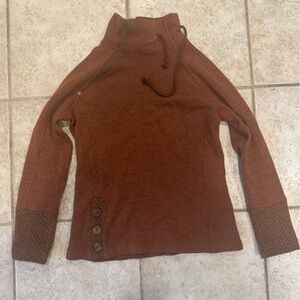 🧡 Prana Wool Blend Funnel Neck Sweater – Brown Herringbone – Size Small